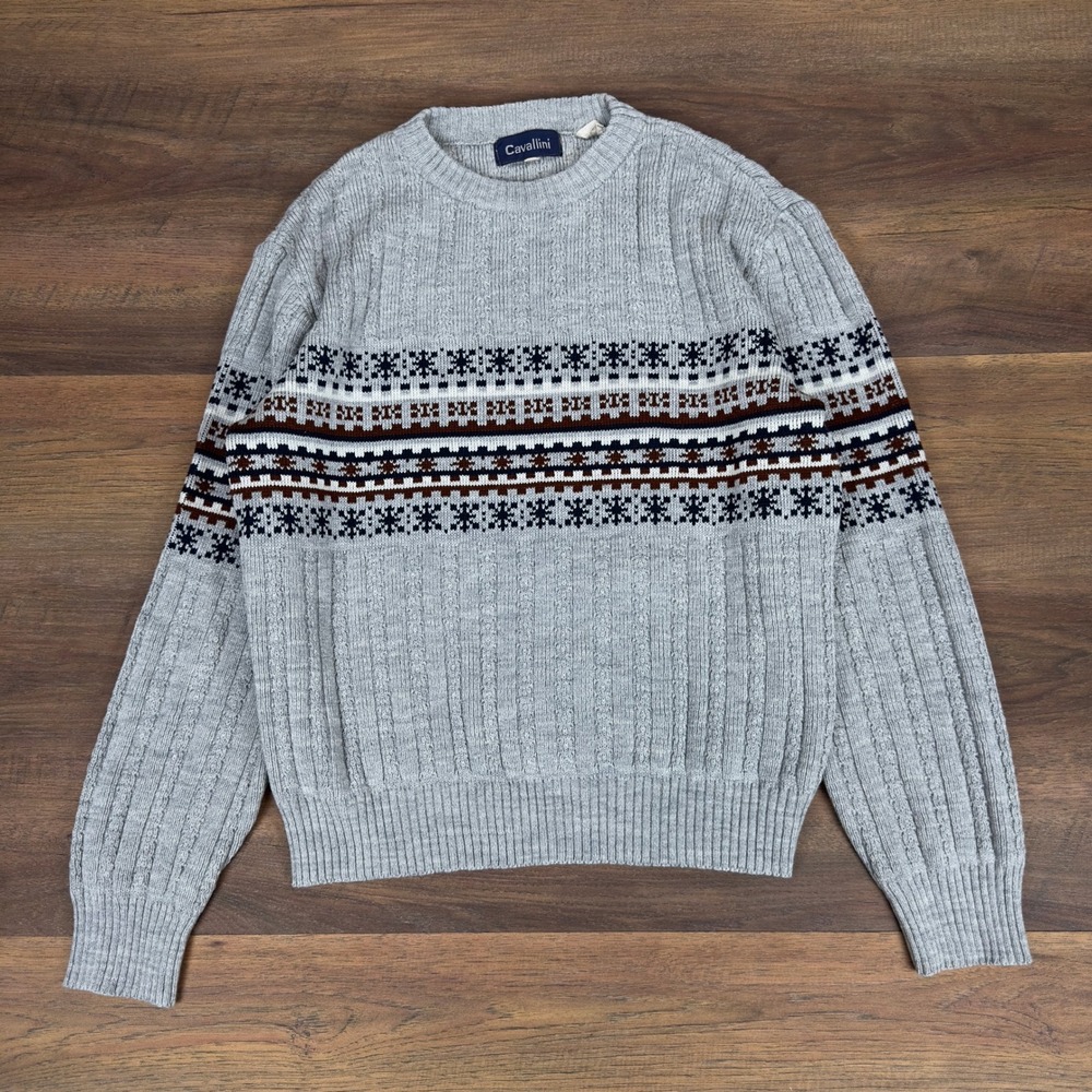 Cavallini Vintage Mens Gray Cable Knit Fair Isle Crewneck Sweater Retro Preppy